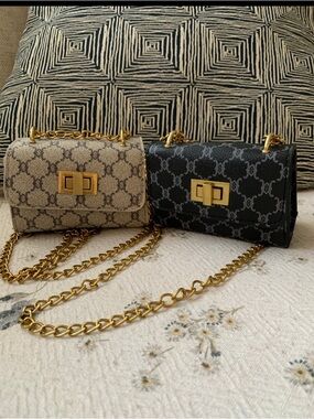 Monogram Chain Crossbody Bag - Black and Beige